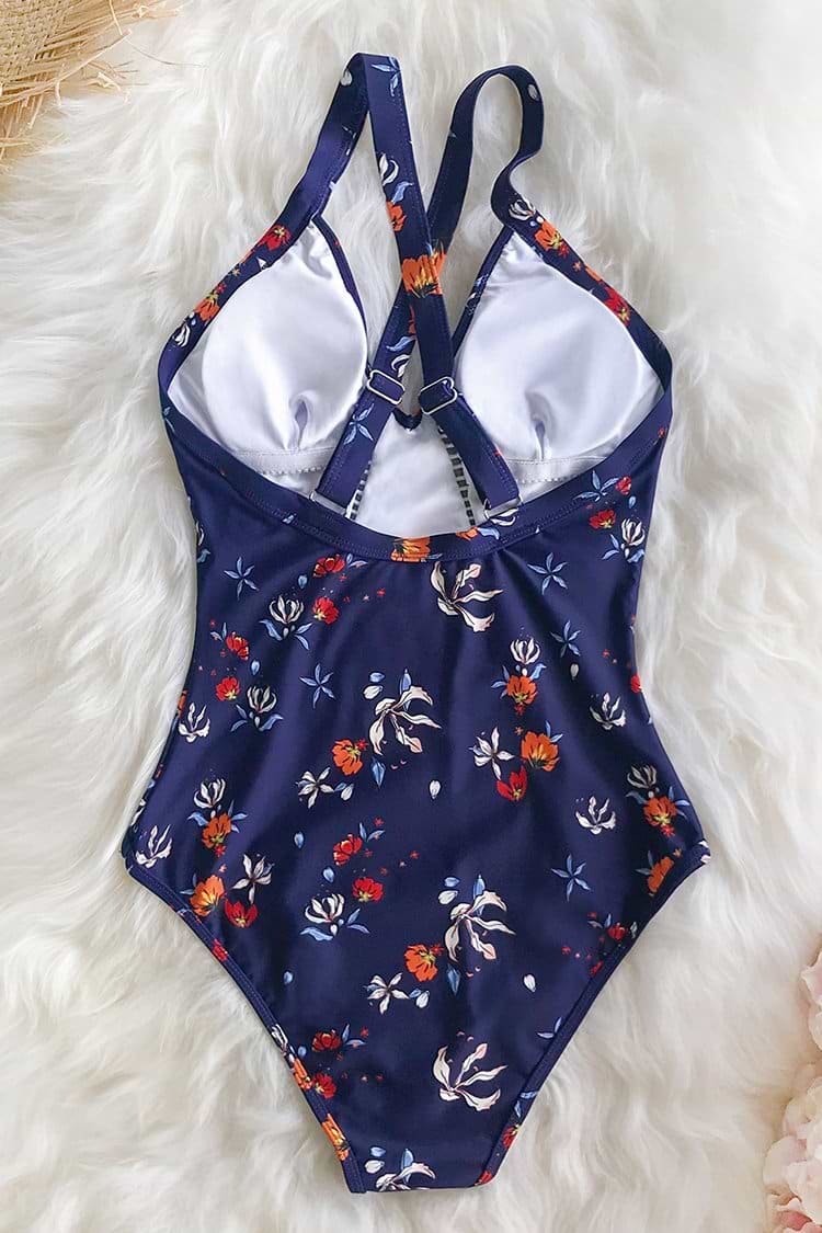 Deep Blue Floral One-Piece Swimsuit