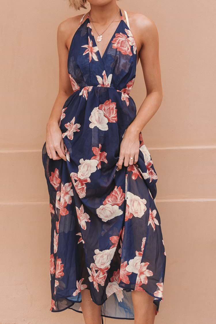 Navy Floral Halter Backless Dress