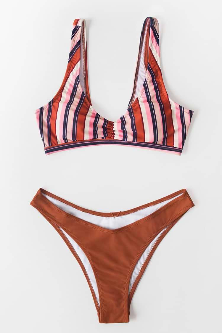 Chic Stripe Shirring Bikini
