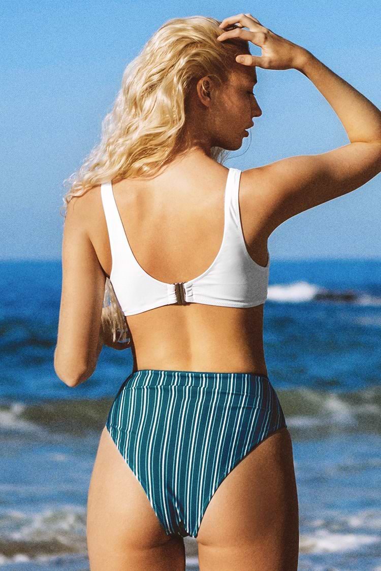 White and Blue Striped High-Waisted Bikini