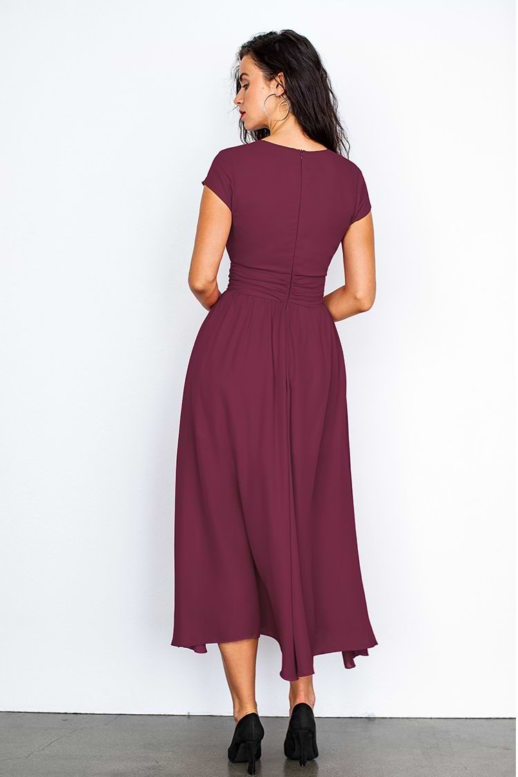 Wine V-Neck Shirred Dress