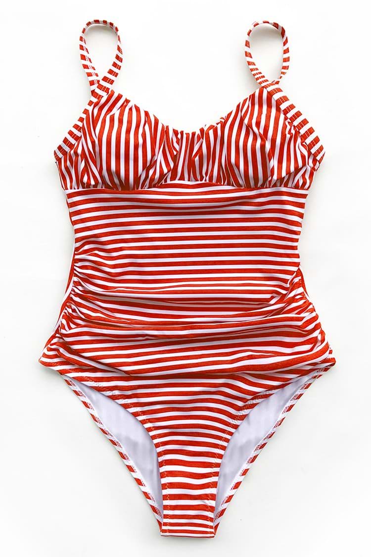 Red and White Stripe One-Piece Swimsuit with Ruching