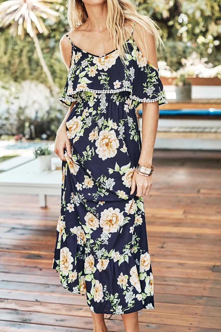 Navy Floral Print Cold Shoulder Maxi Dress