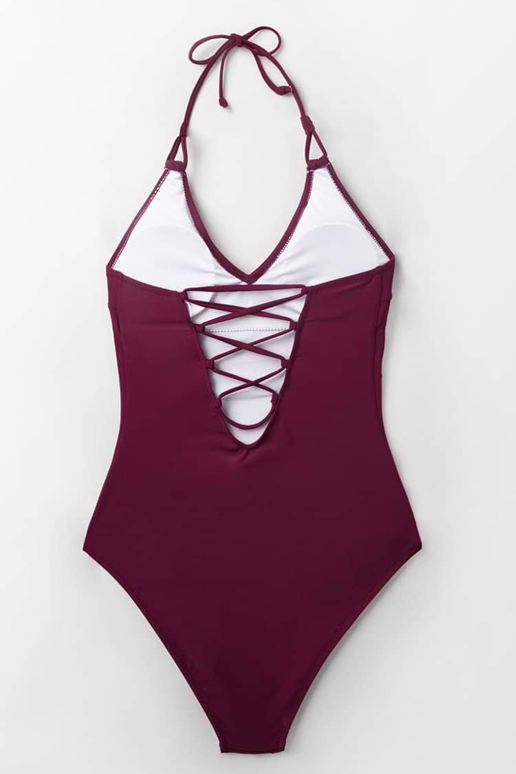 Burgundy Lace-Up One-Piece Swimsuit