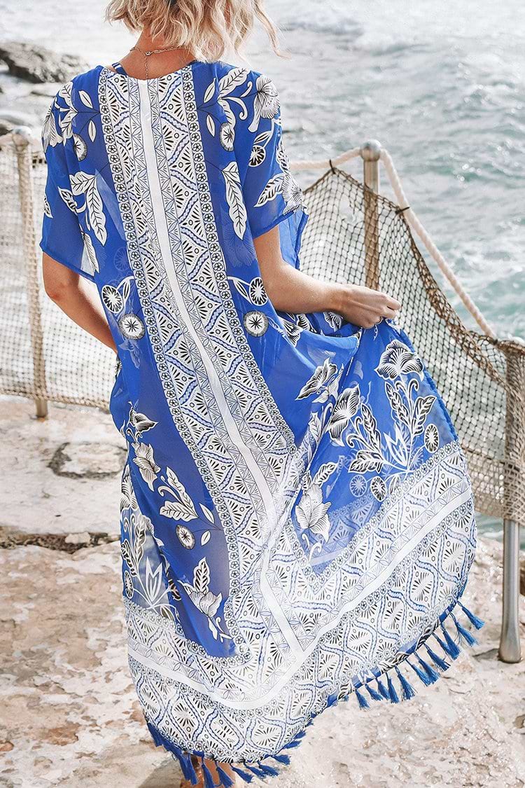 Blue and White Floral Print Cover Up