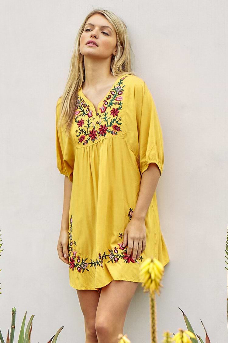 Yellow Floral Embroidered Dress