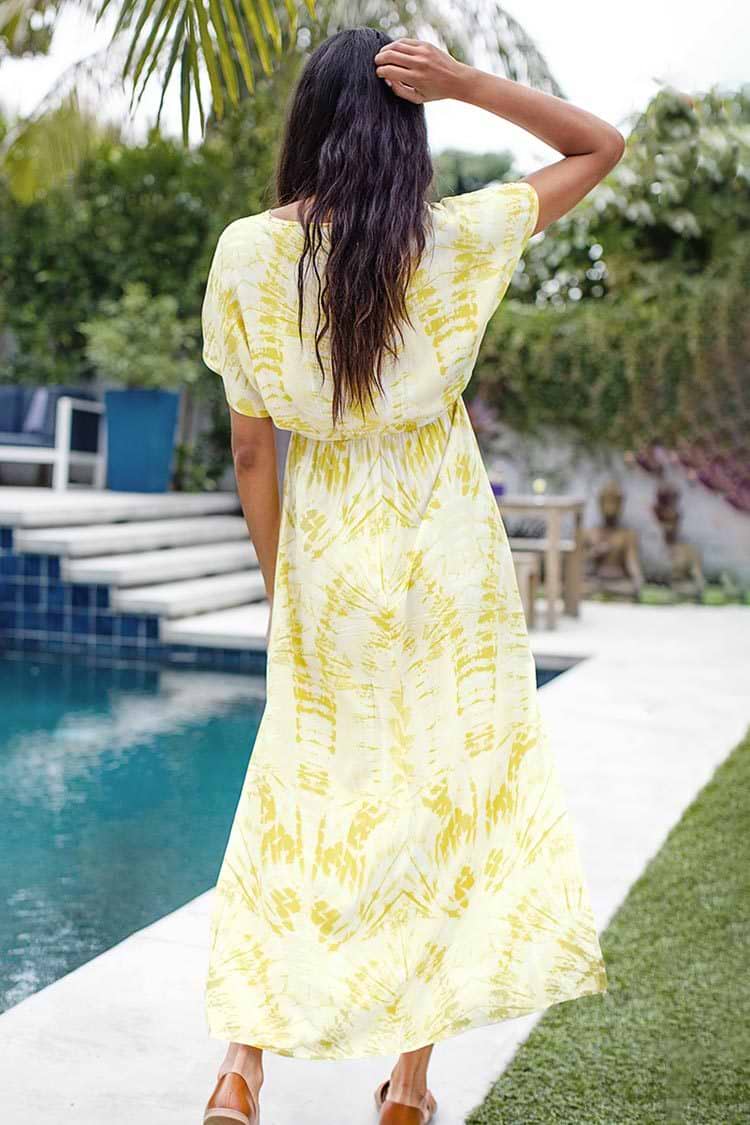 Yellow Tie-Dye V-Neck Maxi Dress