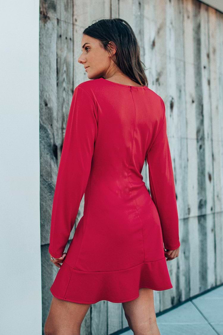 Red V-Neck Long Sleeve Short Dress