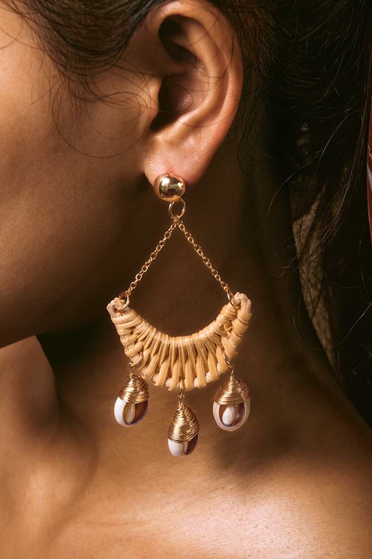 Woven Rattan and Puka Shell Chandelier Earrings