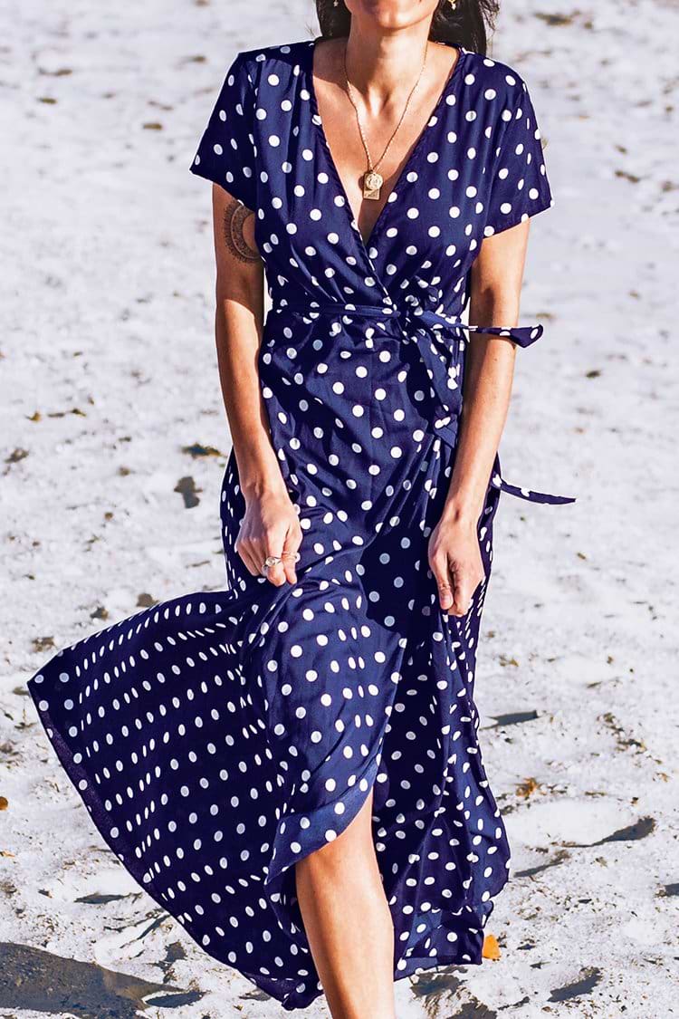 Navy Polka Dot V-Neck Wrap Dress