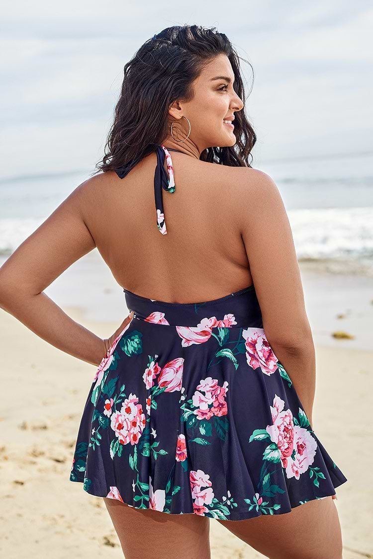 Romantic Floral Halter Plus Size One Piece Swimsuit