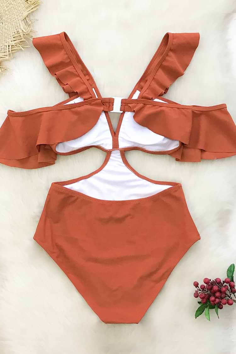 Orange Ruffled Cold Shoulder One-Piece Swimsuit