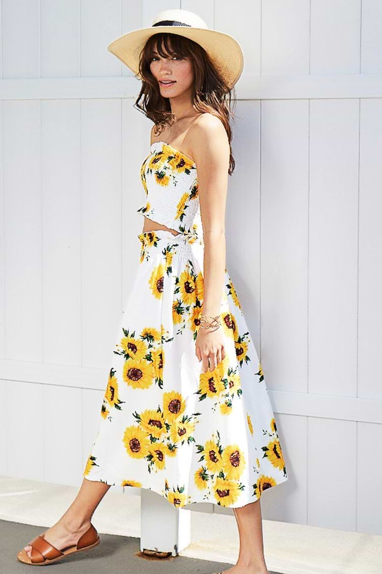 White Sun Flower Print Dress