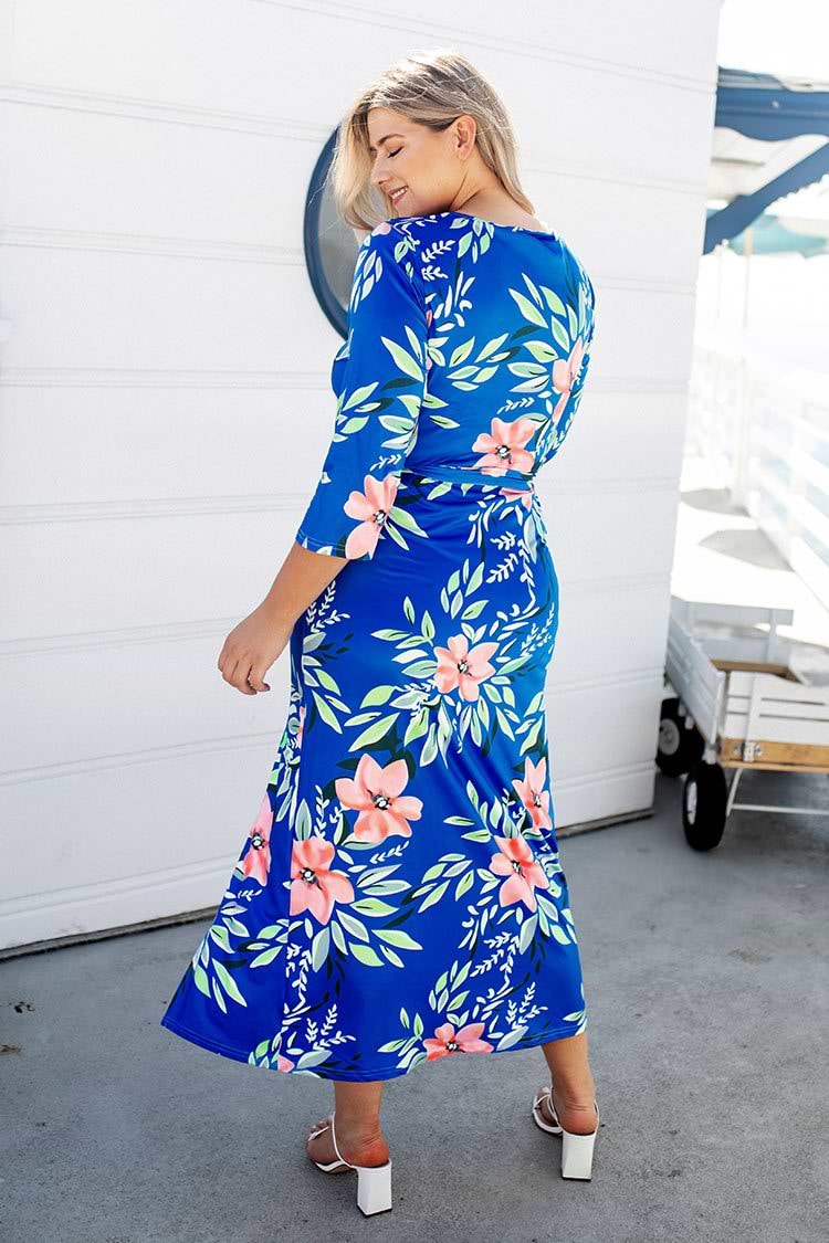 Blue Floral Wrap Plus Size Dress