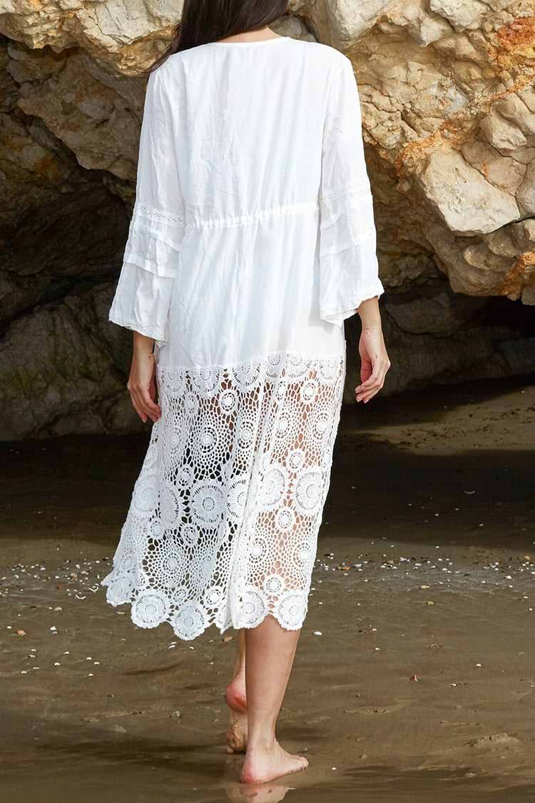 White Lace Bottom Self-Tie Kimono Cover Up