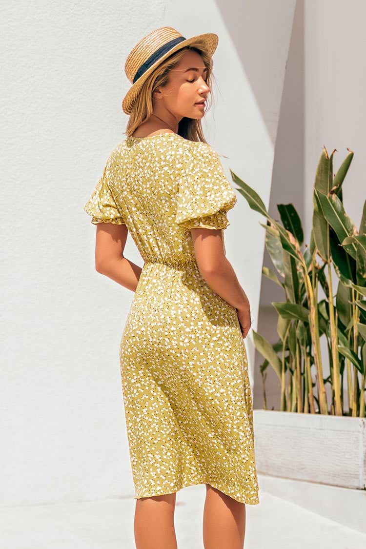 Yellow Mini Floral Buttoned Dress