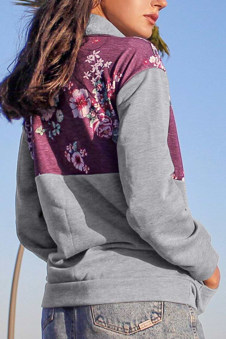 Gray and Red Floral Zip Front Pullover