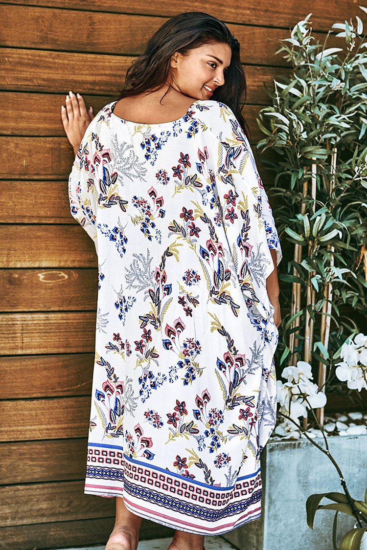 White Floral Print Plus Size Cover Up