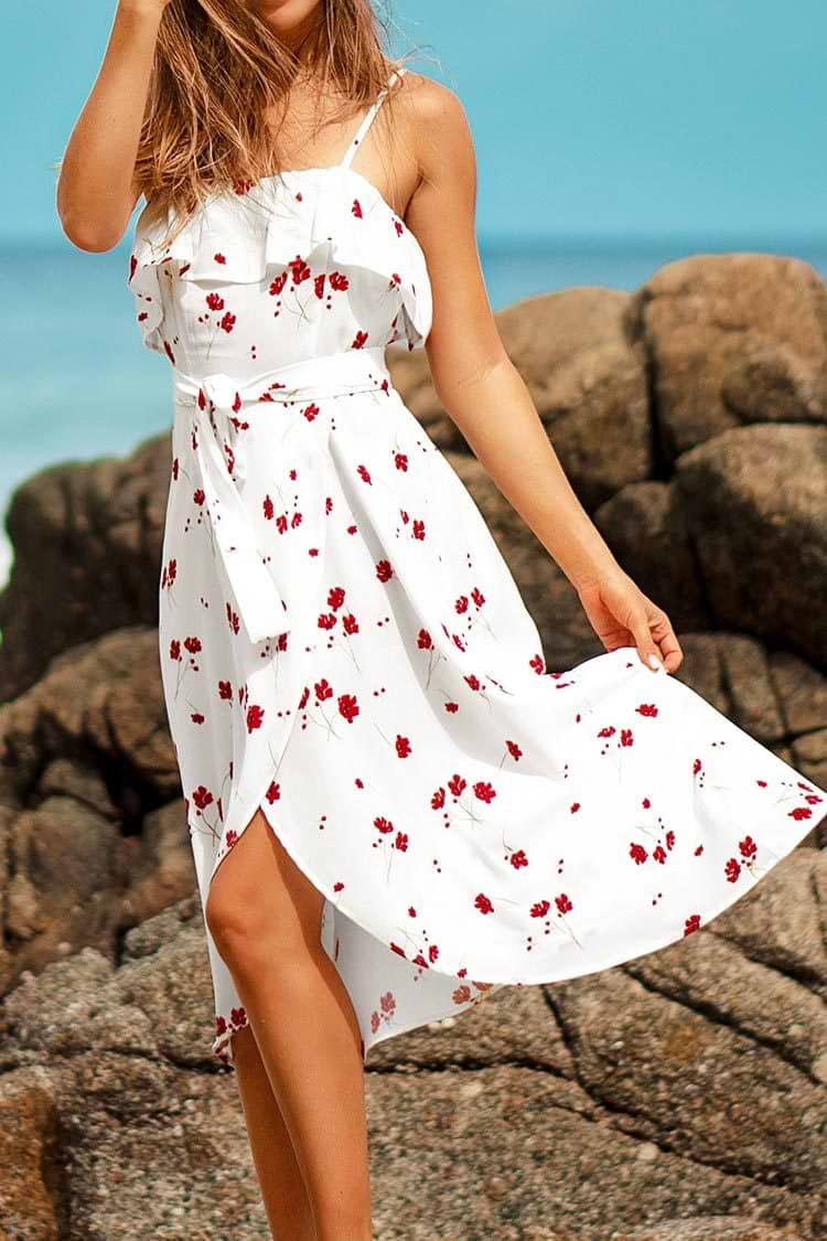 White Ditsy Floral Ruffle Midi Dress