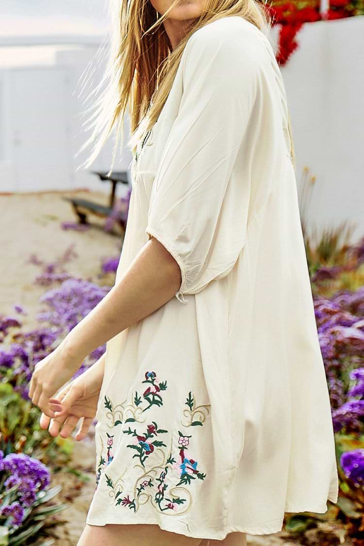 Creamy White Floral Embroidery Front Button Dress