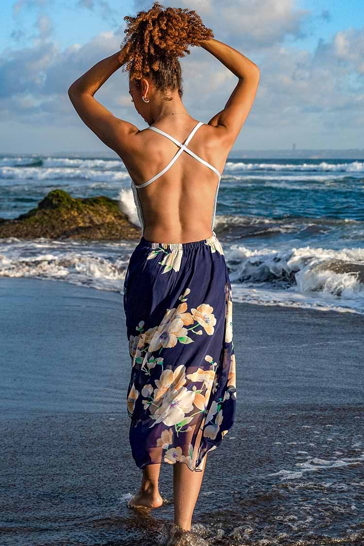 White and Floral Open Back Midi Dress