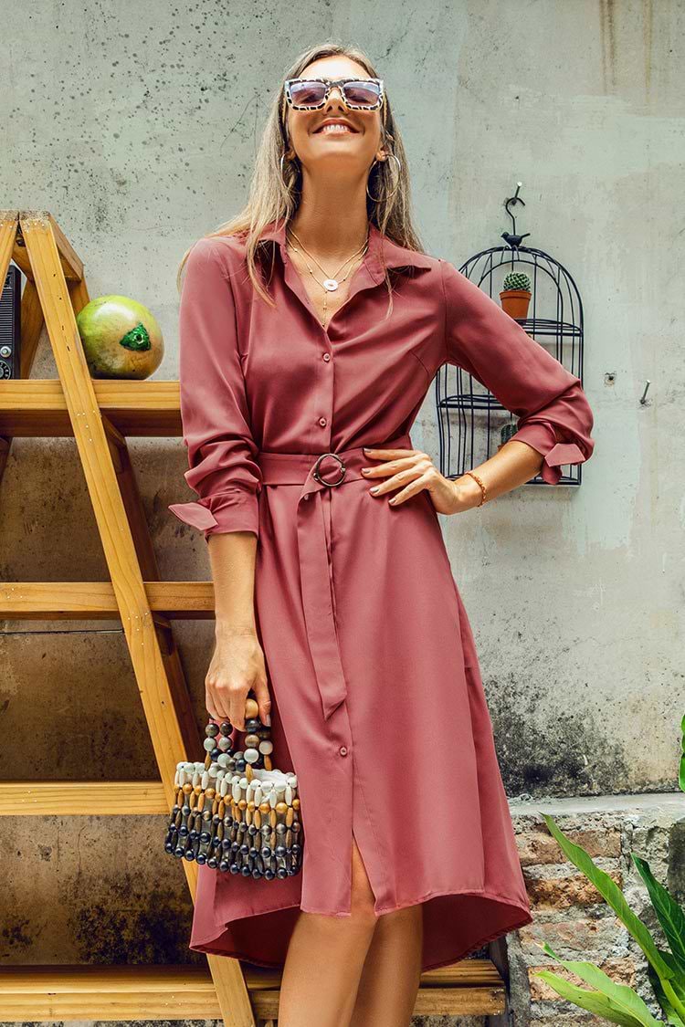 Coral Pink Belt Buttoned Dress