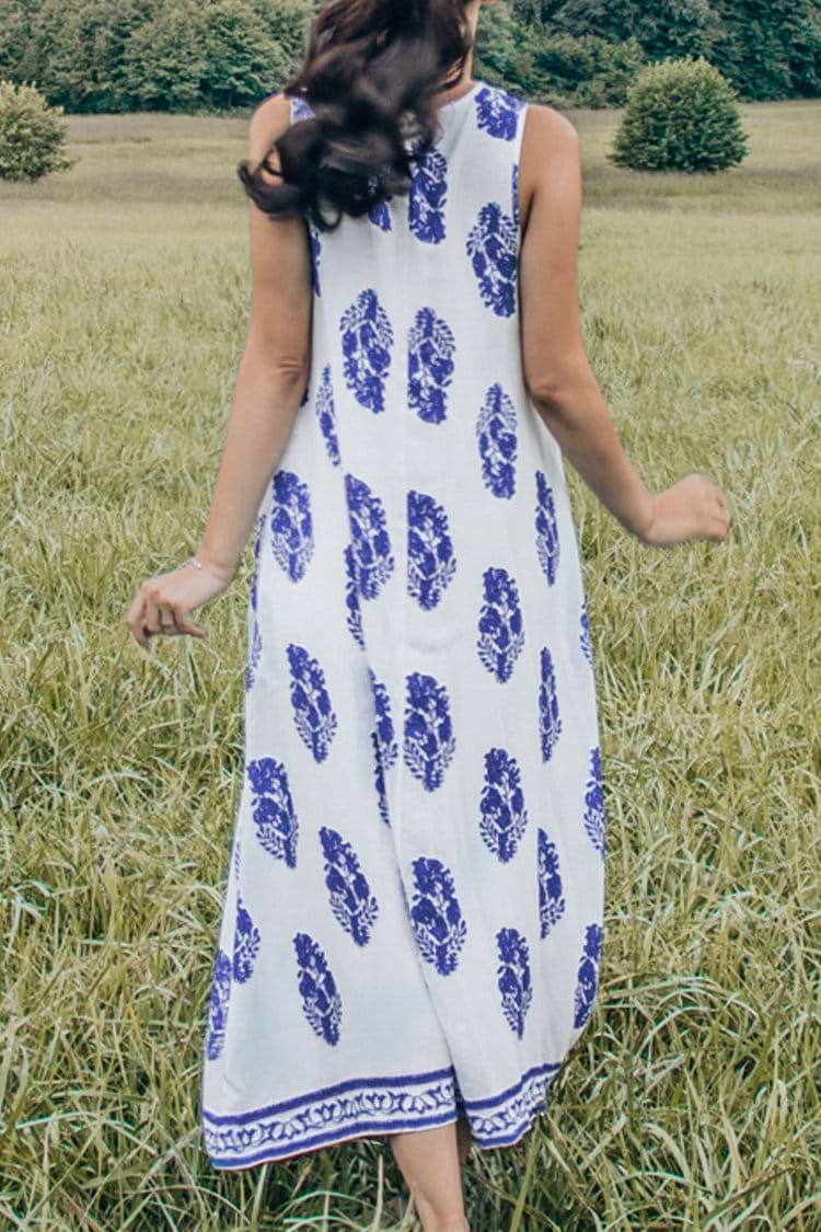 White and Blue Print Sleeveless V-Neck Midi Dress