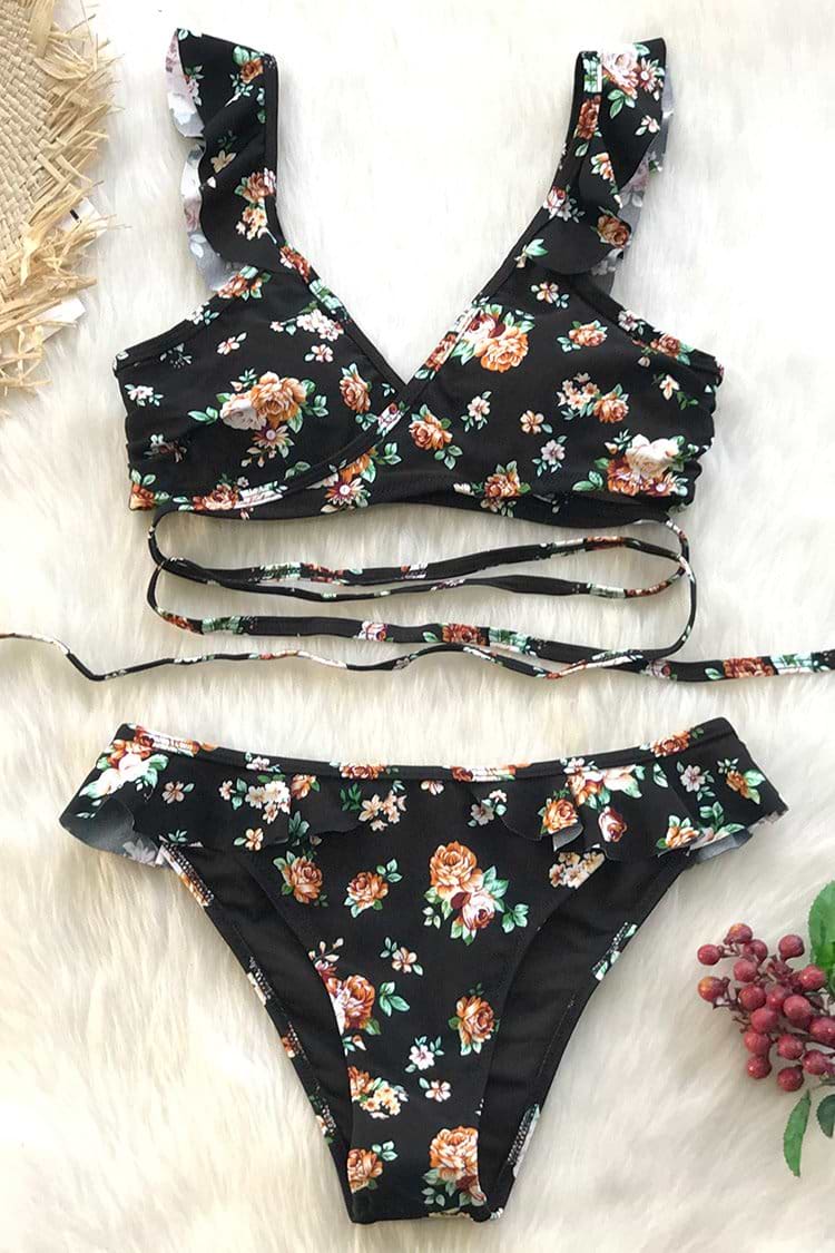 Night Floral Bikini With Ruffle