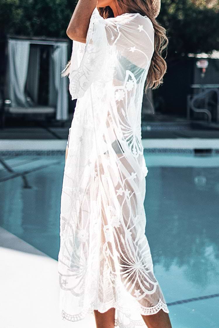 White Scallop Floral Cover Up