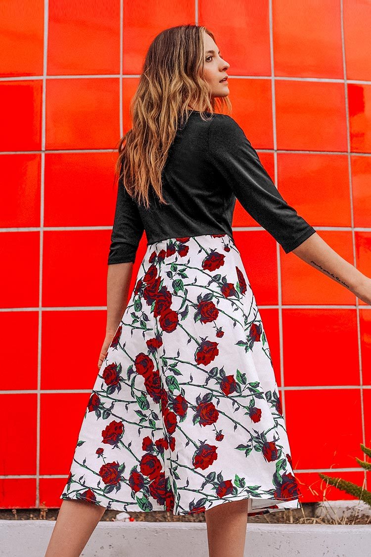 Black and Floral Print Midi Dress