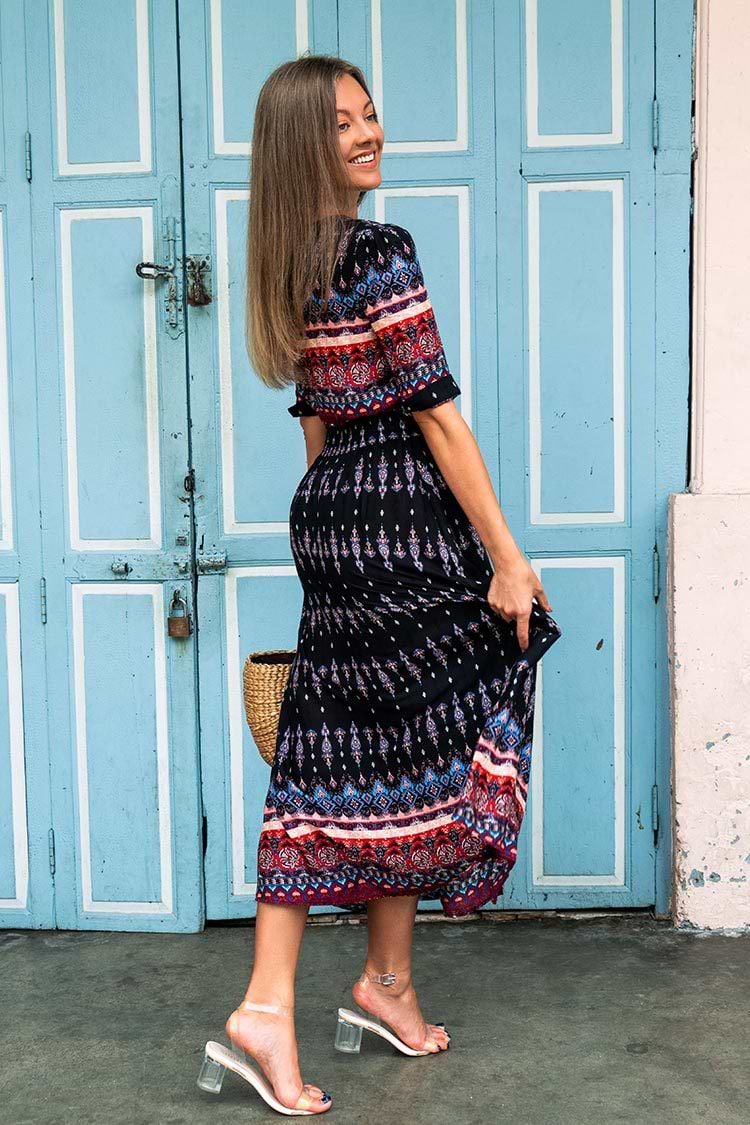 Boho V-neck Slit Midi Dress