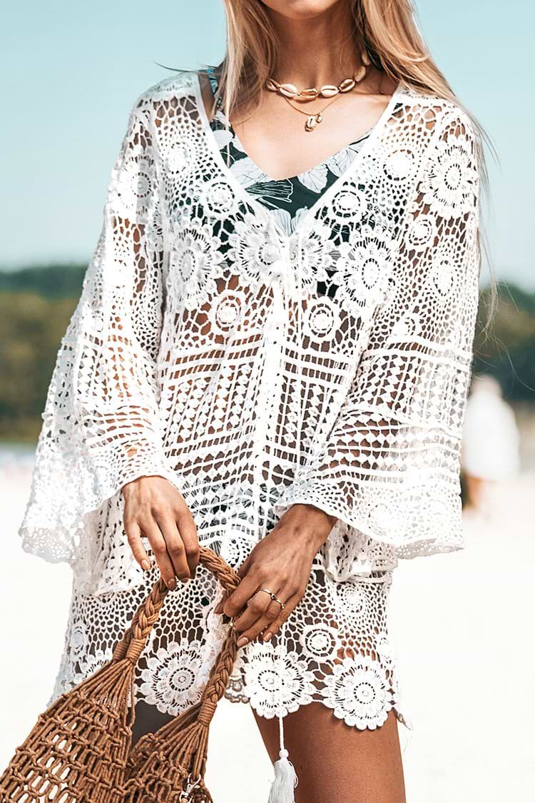 White Lace-Up Long Sleeve Cover Up
