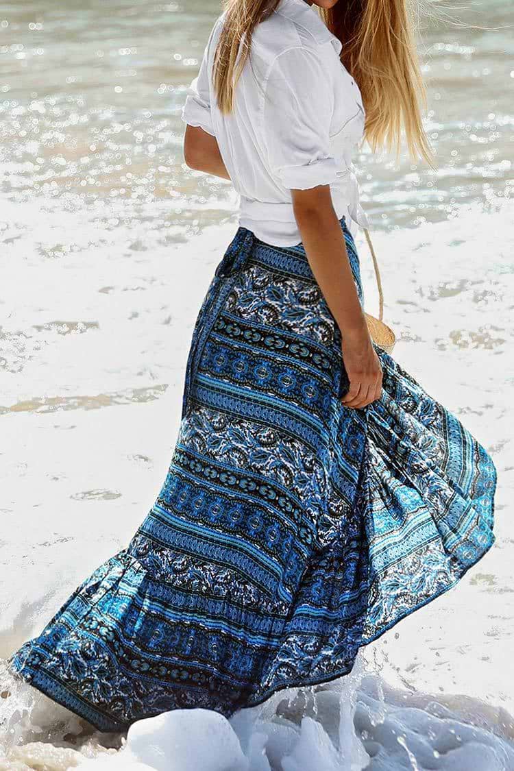 Blue Boho Ruffled Maxi Skirt