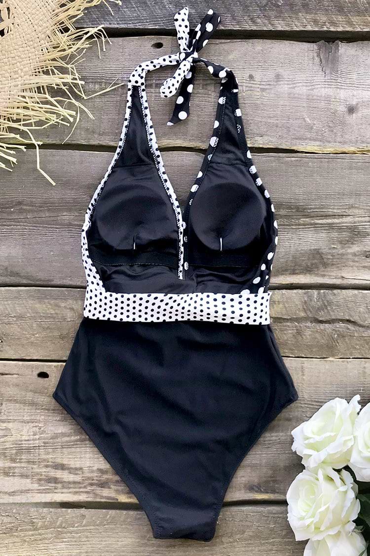 Black and White Polka Dot Belted Halter One-Piece Swimsuit
