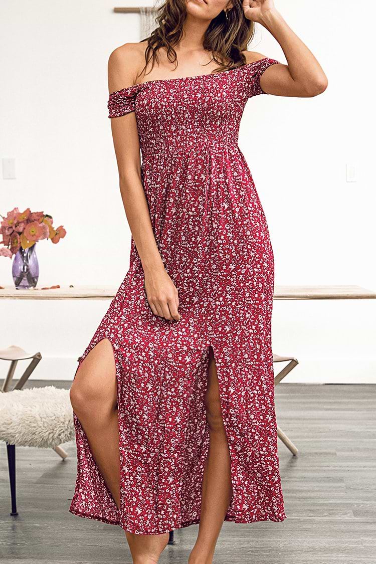 Red Floral Off Shoulder Dress