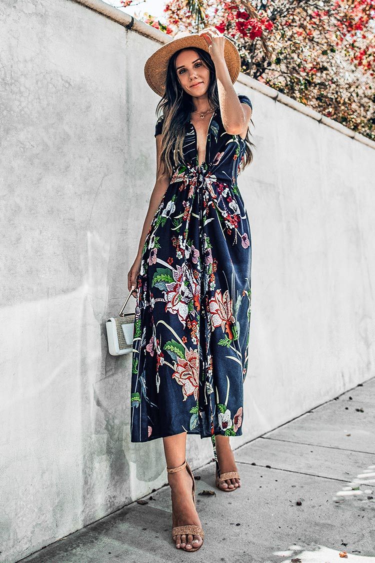 Floral Maxi Dress with Plunging Neckline
