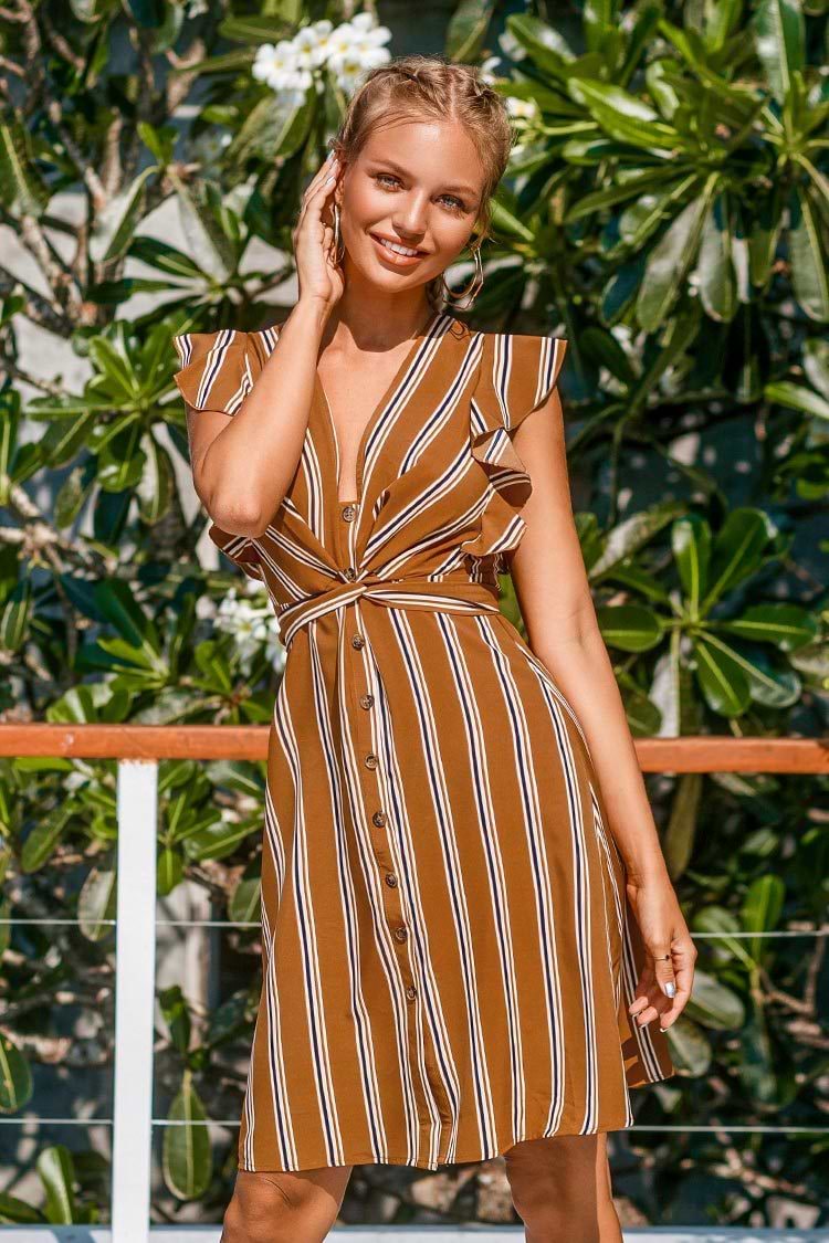 Caramel Striped Buttoned Dress
