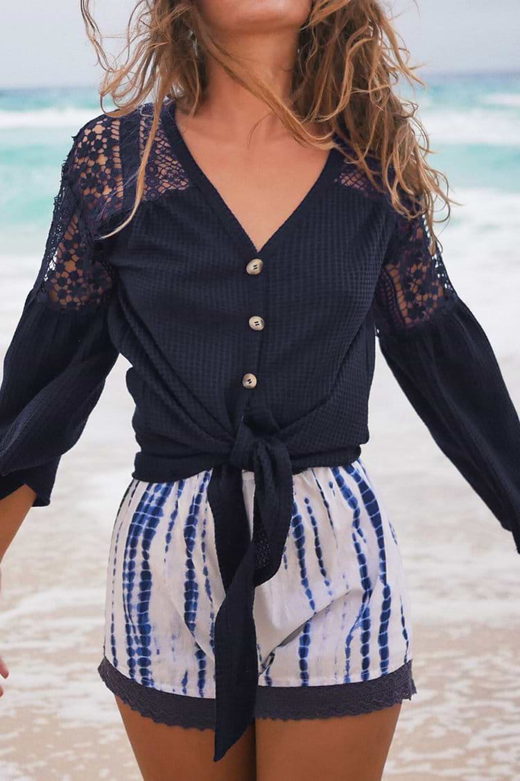 Navy Waffle Knit Tie Front Top