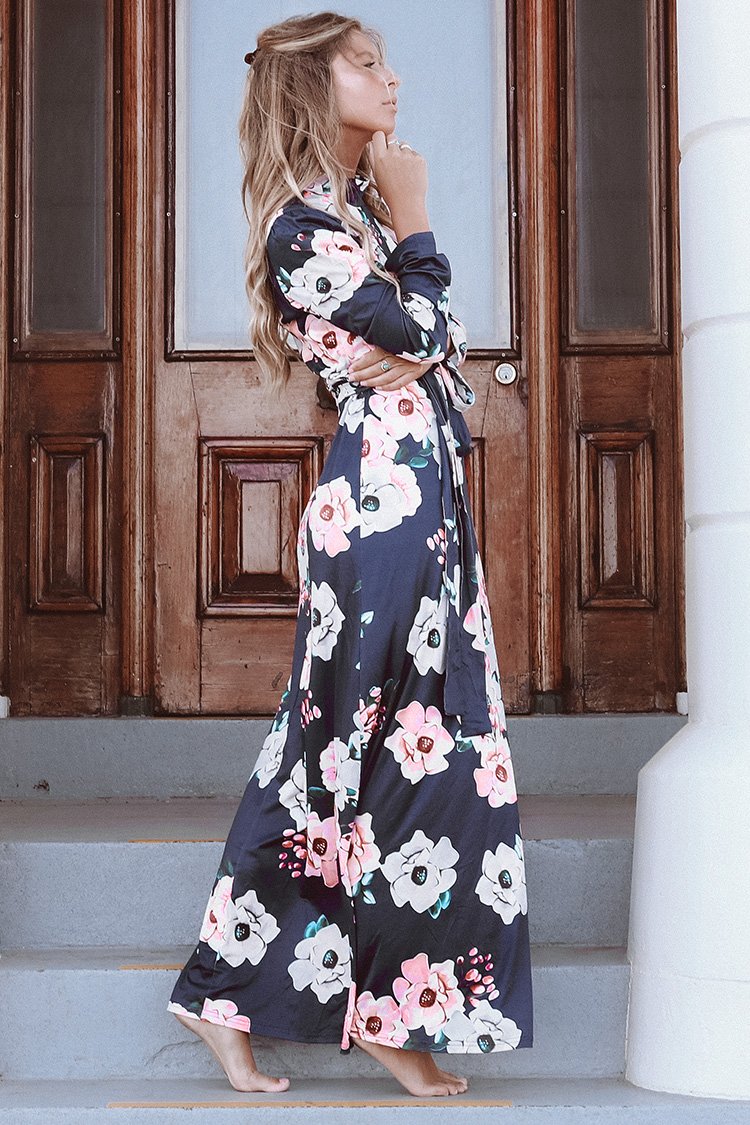 Mock Turtleneck Black Floral Maxi Dress