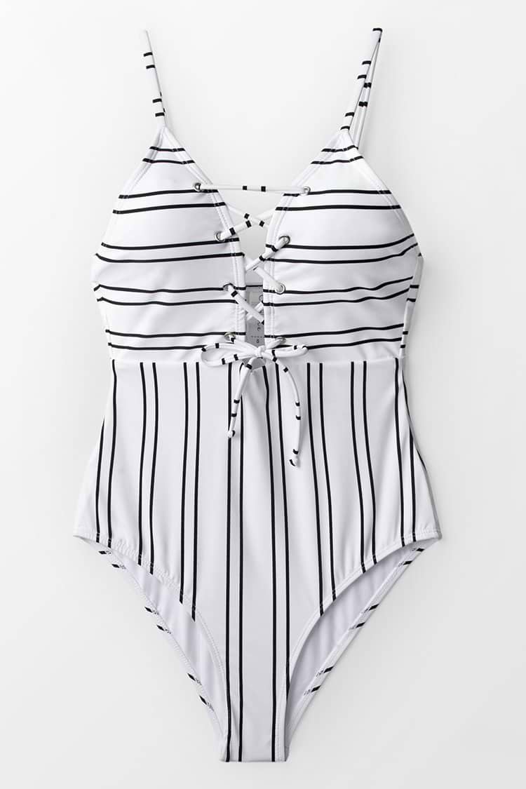 Black And White Lace-Up One-Piece Swimsuit
