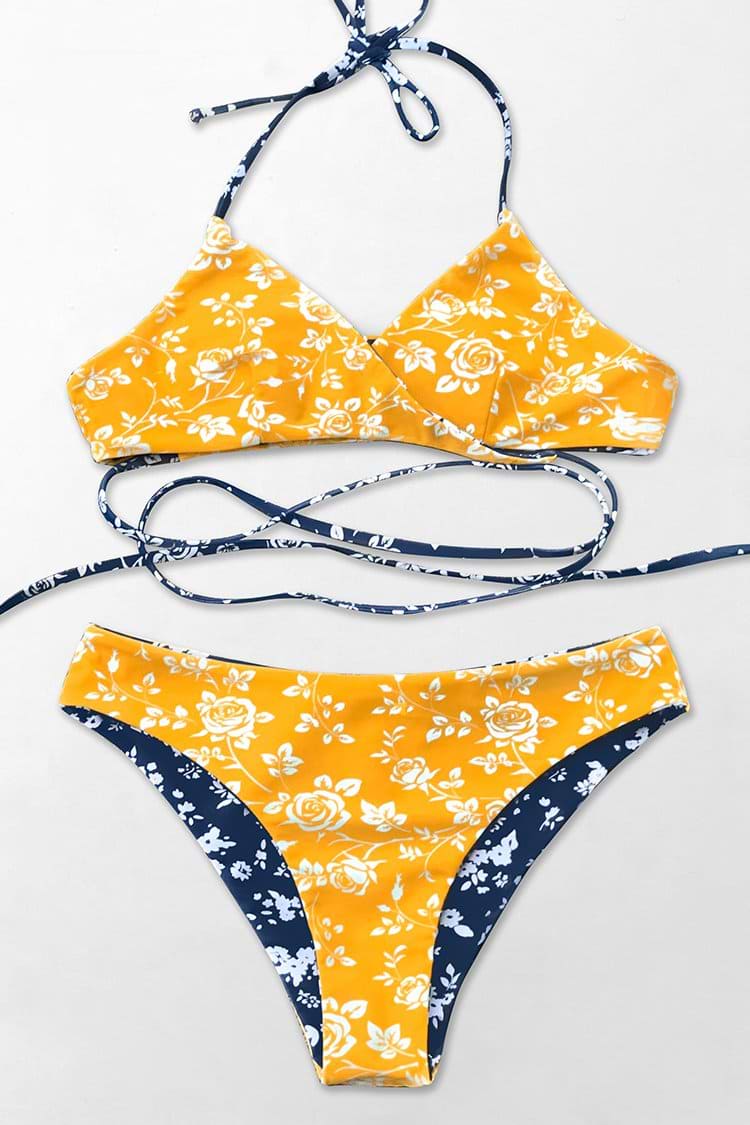 Blue And Yellow Floral Reversible Bikini
