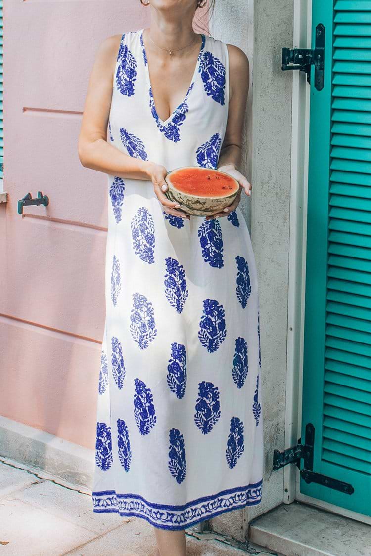 White and Blue Print Sleeveless V-Neck Midi Dress