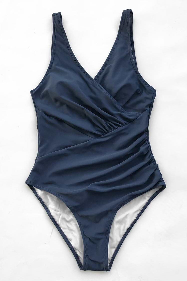 Ruched Navy Solid One-piece Swimsuit