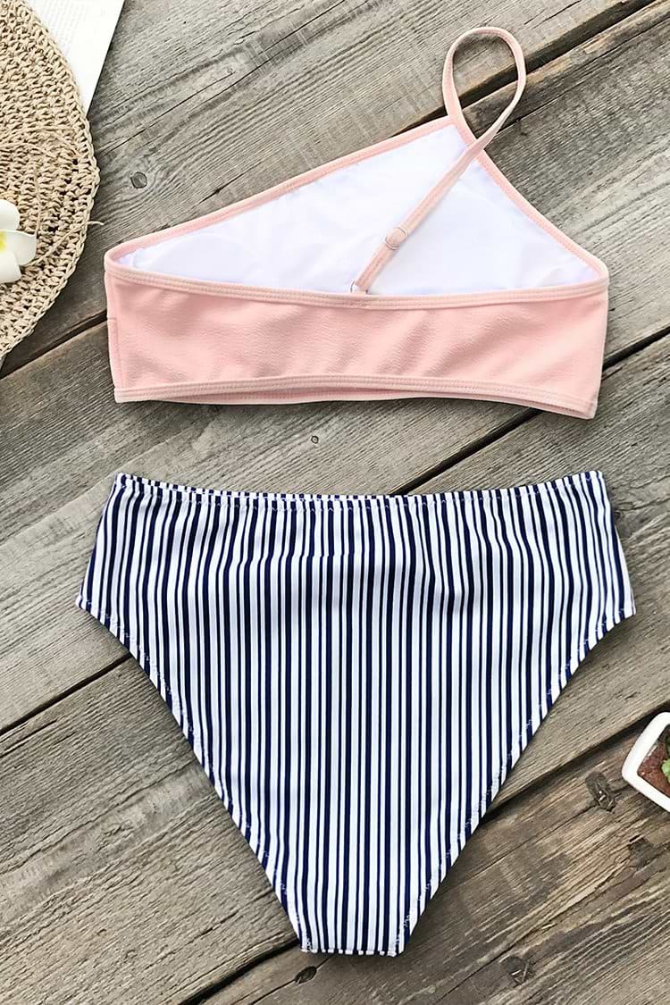 Pink White And Blue High-waisted Bikini