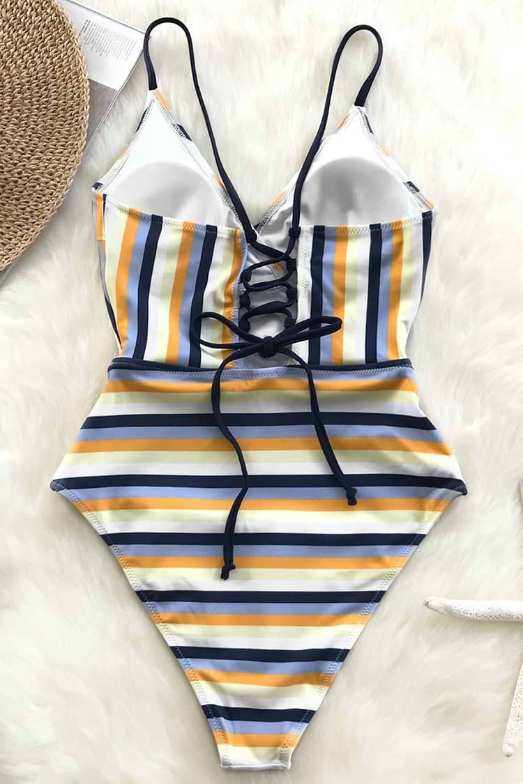 Blue and Yellow Stripe One-piece Swimsuit