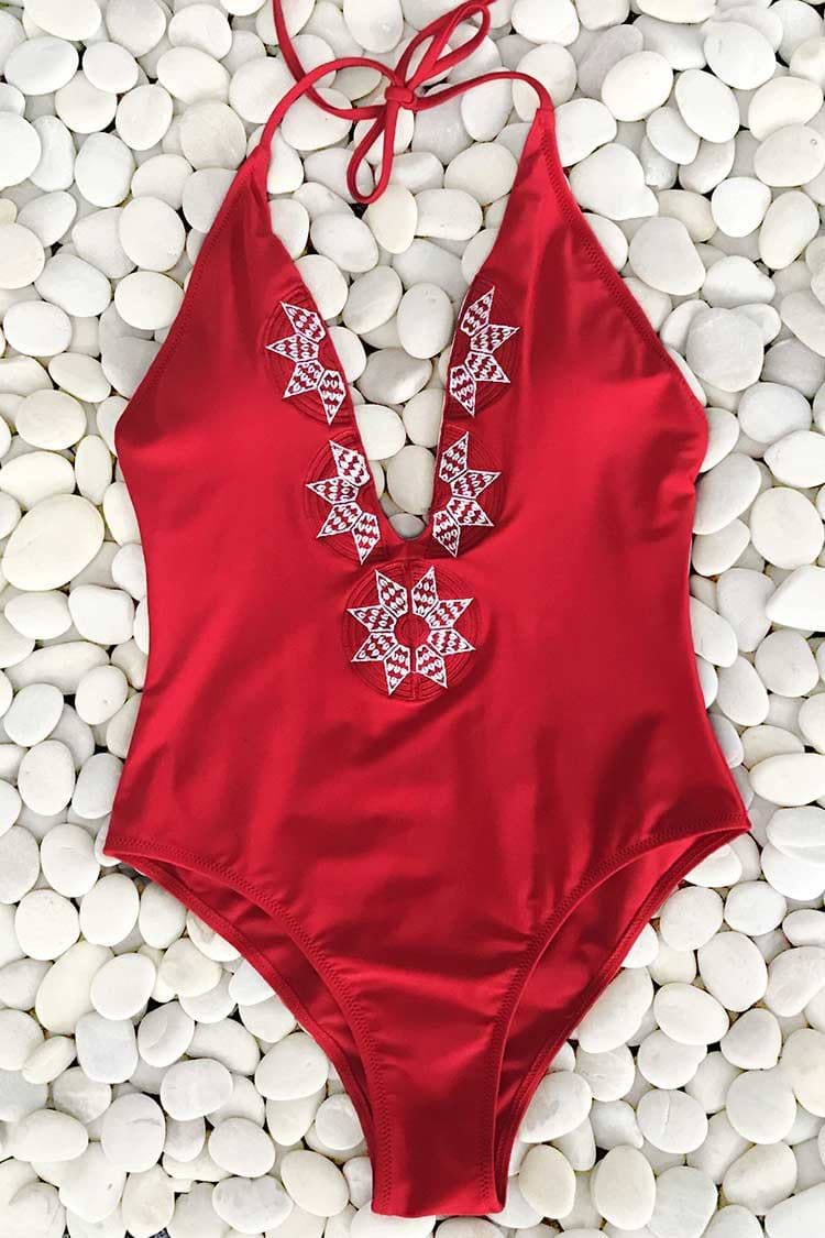 Dancing Rose Embroidered One-piece swimsuit