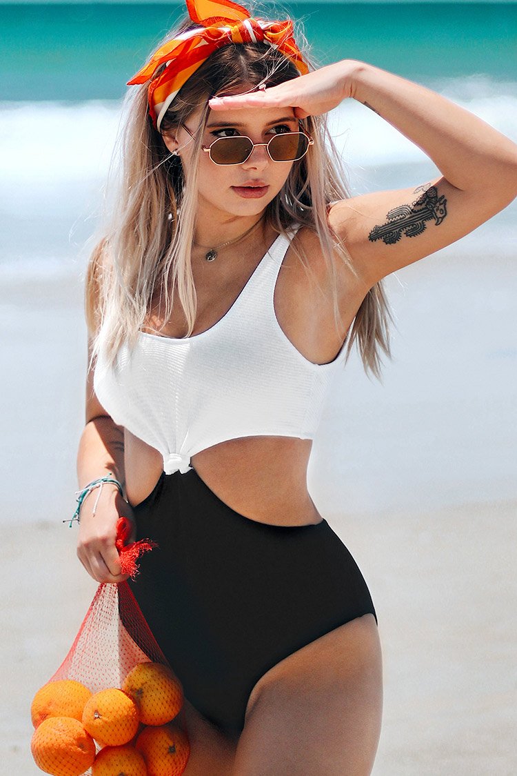 Black and White Knotted One-Piece Swimsuit