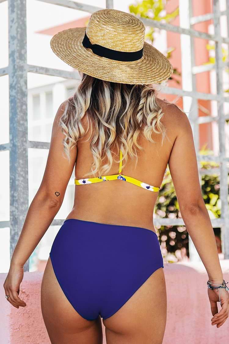 Yellow Floral and Blue High-Waisted Bikini