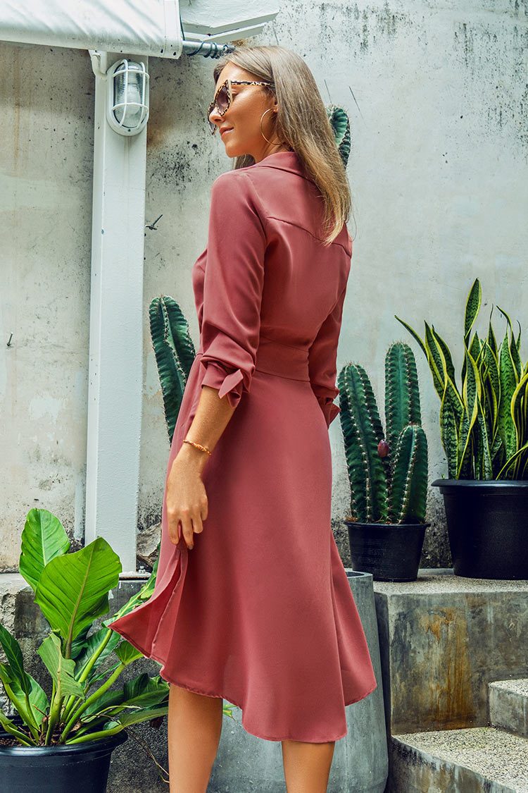 Coral Pink Belt Buttoned Dress