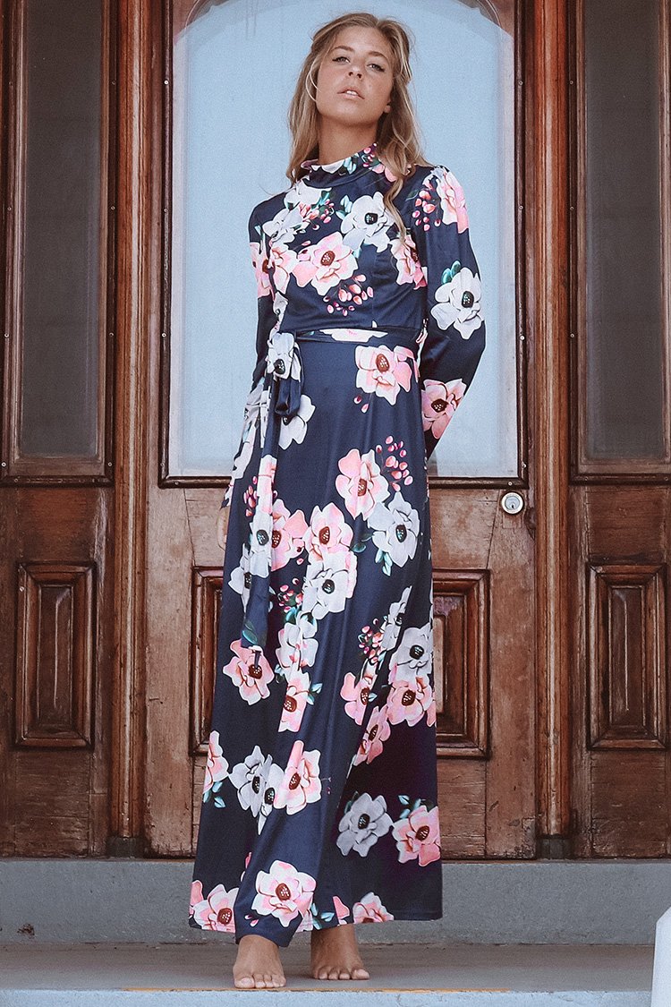 Mock Turtleneck Black Floral Maxi Dress